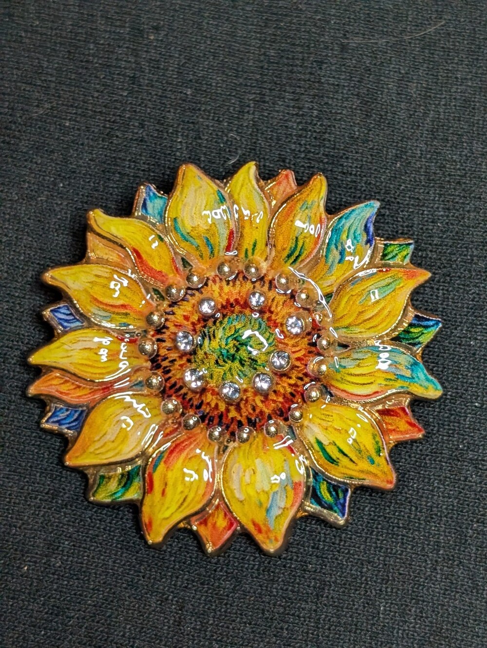 Colorful Sunflower Brooch Yellow Enamel Rhinestone Gold Tone Floral Pin